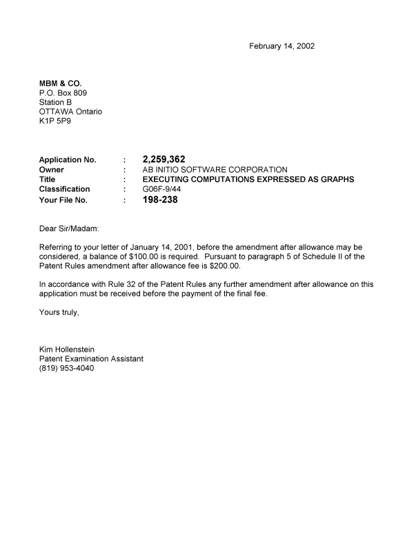 Canadian Patent Document 2259362. Correspondence 20020214. Image 1 of 1