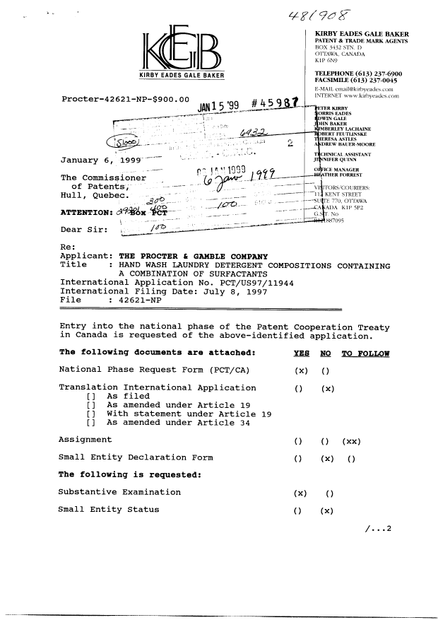 Canadian Patent Document 2259591. Assignment 19990106. Image 1 of 4