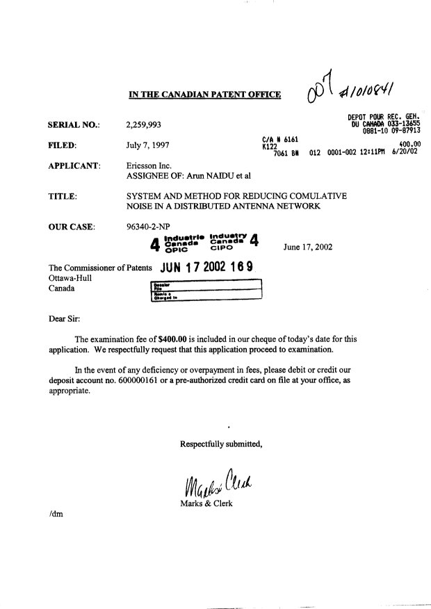 Document de brevet canadien 2259993. Poursuite-Amendment 20011217. Image 1 de 1