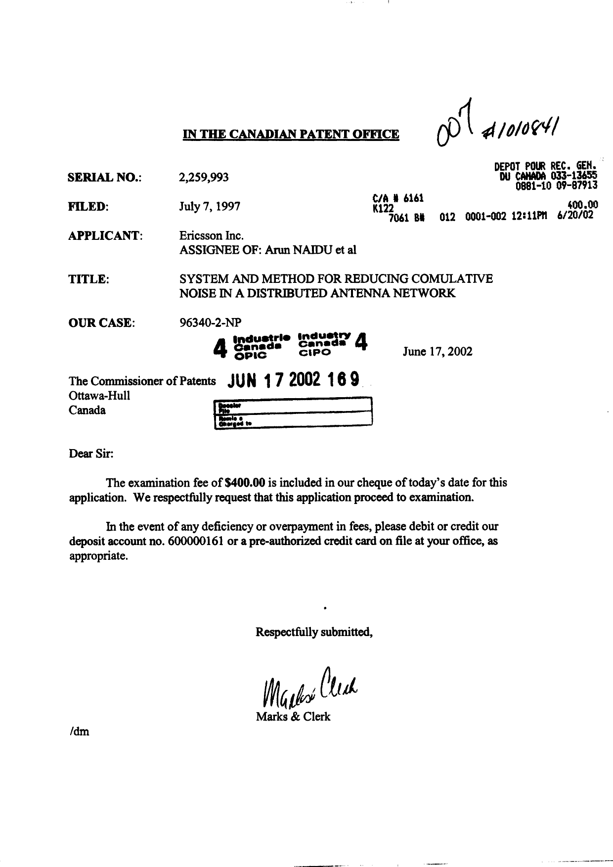 Canadian Patent Document 2259993. Prosecution-Amendment 20020617. Image 1 of 1