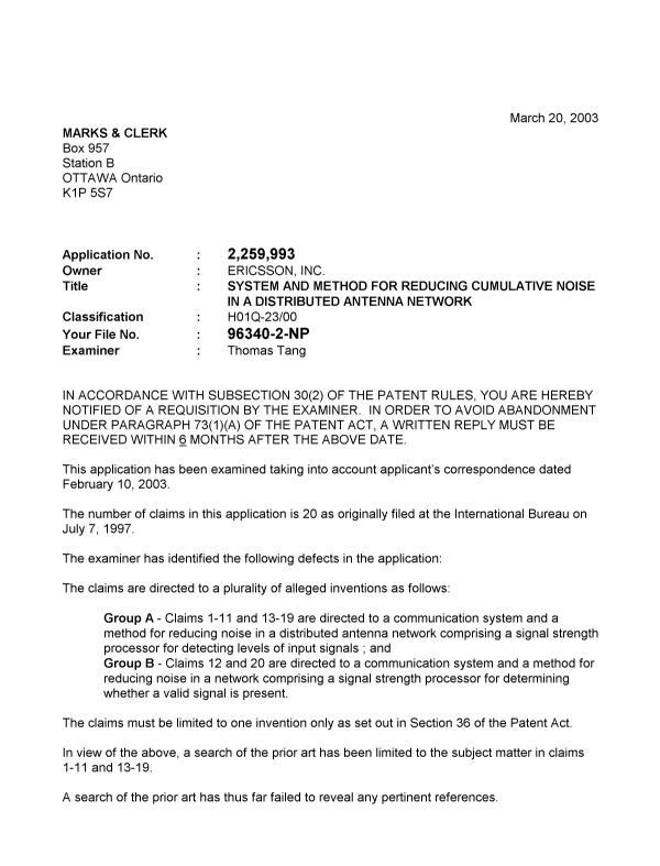 Document de brevet canadien 2259993. Poursuite-Amendment 20021220. Image 1 de 2