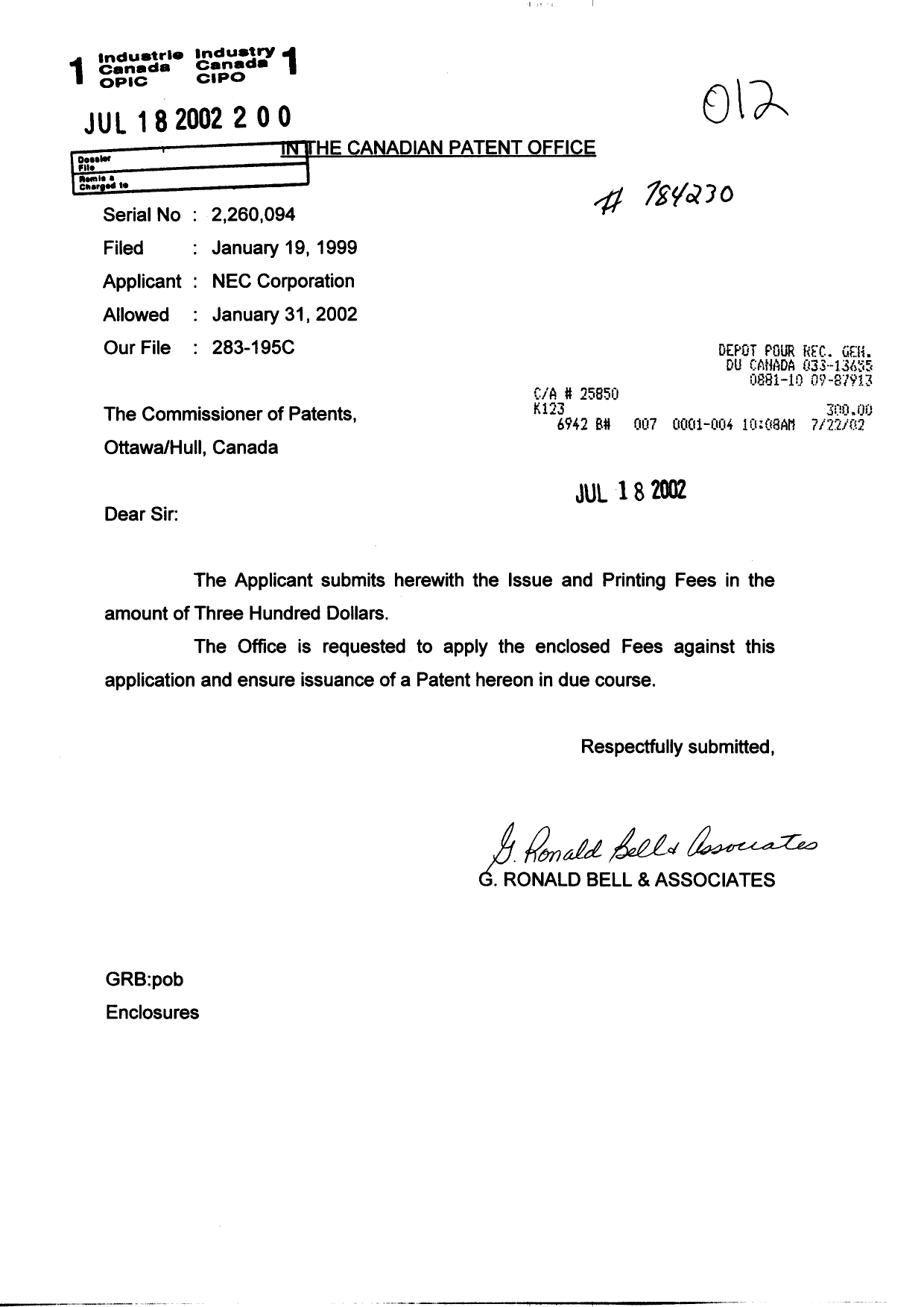 Document de brevet canadien 2260094. Correspondance 20020718. Image 1 de 1