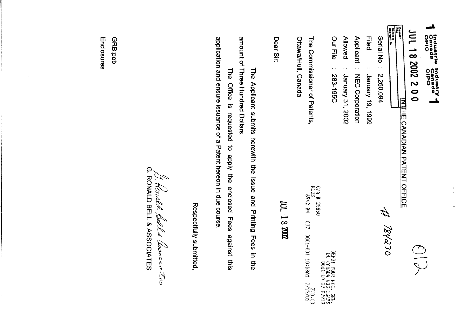Canadian Patent Document 2260094. Correspondence 20020718. Image 1 of 1