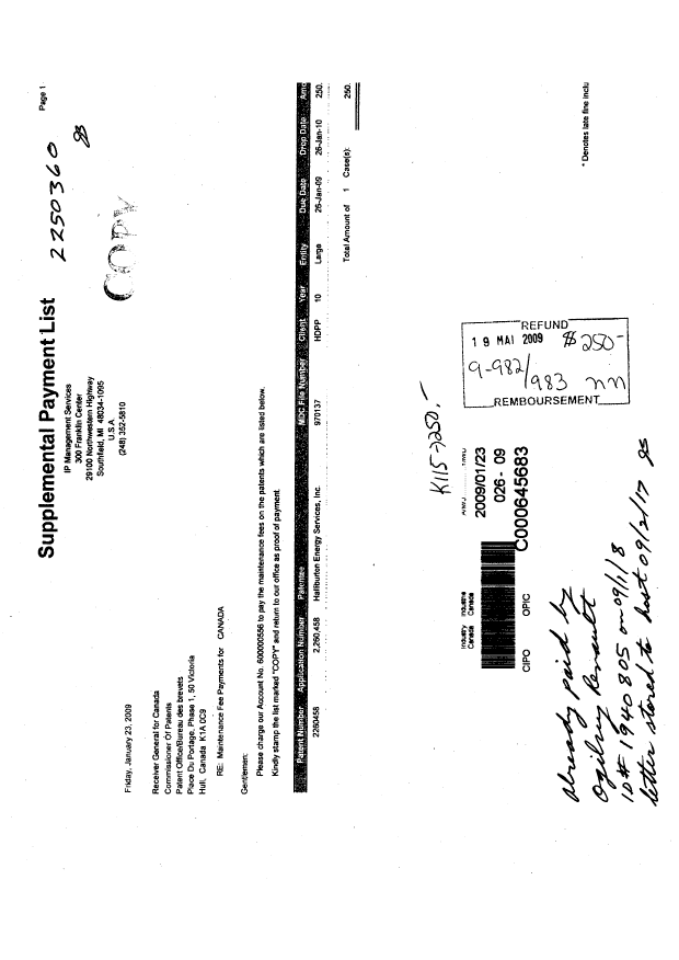 Canadian Patent Document 2260458. Fees 20090123. Image 1 of 1