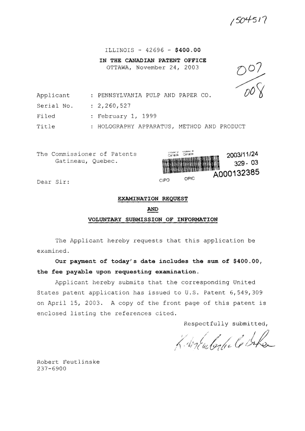 Canadian Patent Document 2260527. Prosecution-Amendment 20031124. Image 1 of 1