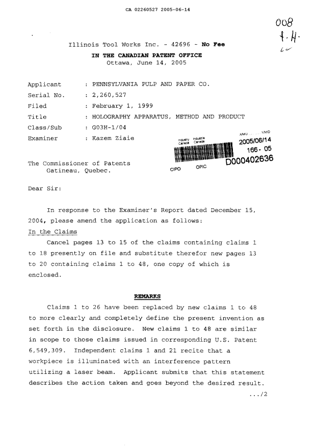 Canadian Patent Document 2260527. Prosecution-Amendment 20050614. Image 1 of 11