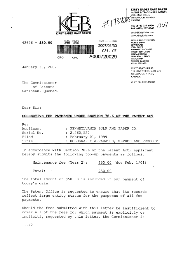 Canadian Patent Document 2260527. Prosecution-Amendment 20070130. Image 1 of 2