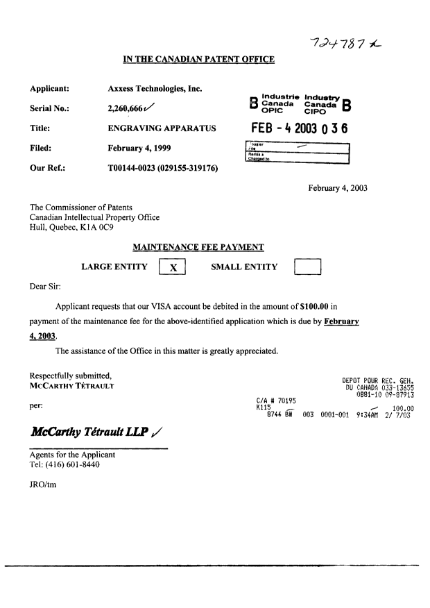 Document de brevet canadien 2260666. Taxes 20030204. Image 1 de 1