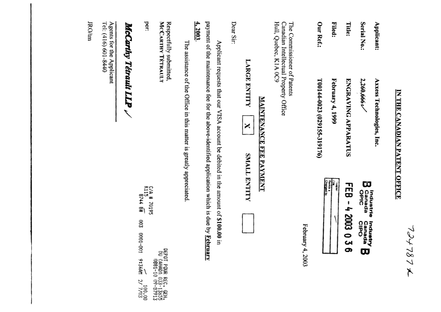 Canadian Patent Document 2260666. Fees 20030204. Image 1 of 1