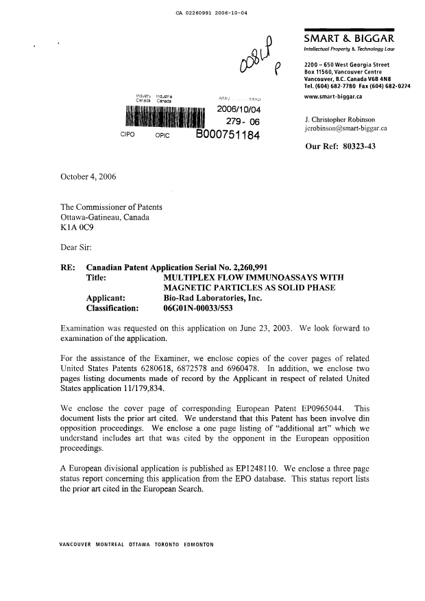 Canadian Patent Document 2260991. Prosecution-Amendment 20061004. Image 1 of 2