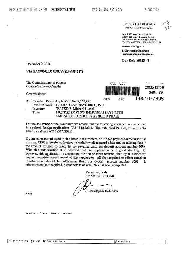 Document de brevet canadien 2260991. Poursuite-Amendment 20081209. Image 1 de 2