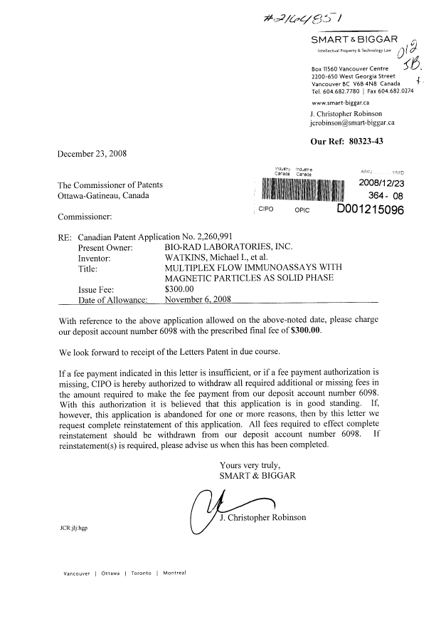Document de brevet canadien 2260991. Correspondance 20081223. Image 1 de 1
