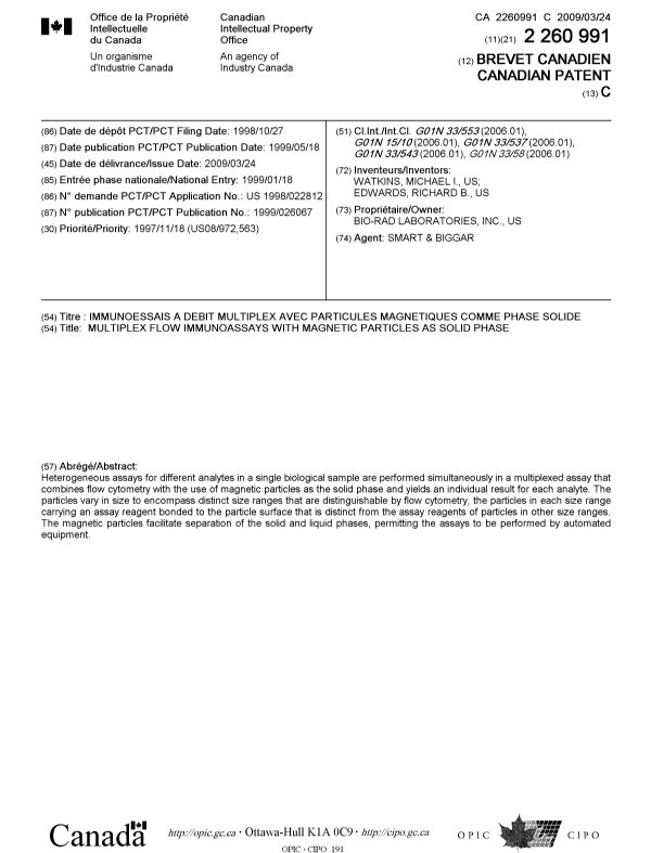 Document de brevet canadien 2260991. Page couverture 20090302. Image 1 de 1