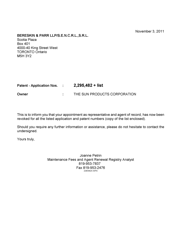 Document de brevet canadien 2261075. Correspondance 20111103. Image 1 de 1