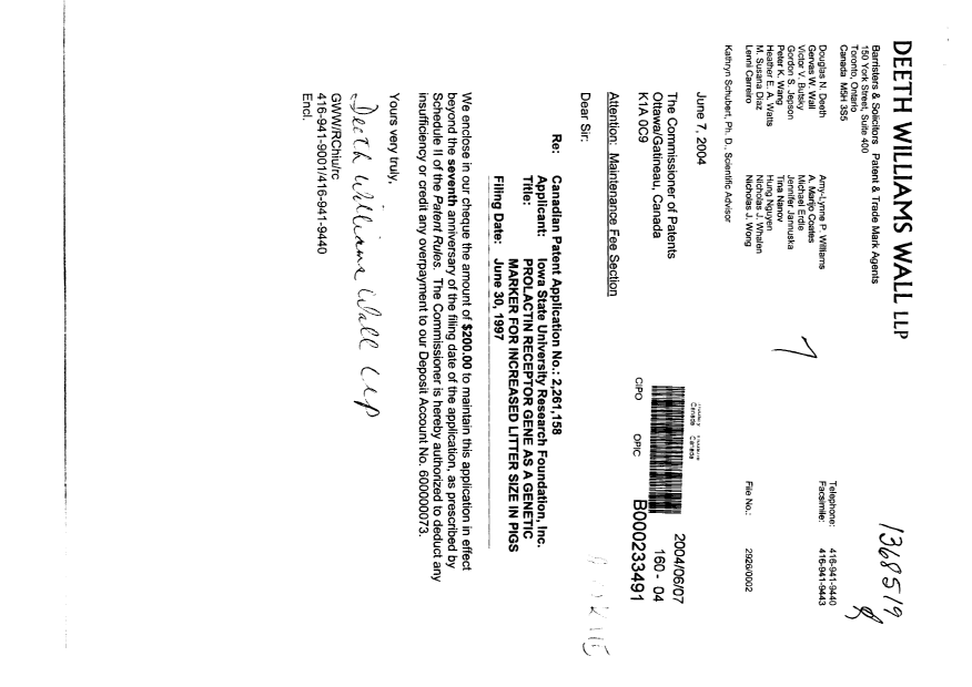 Canadian Patent Document 2261158. Fees 20040607. Image 1 of 1