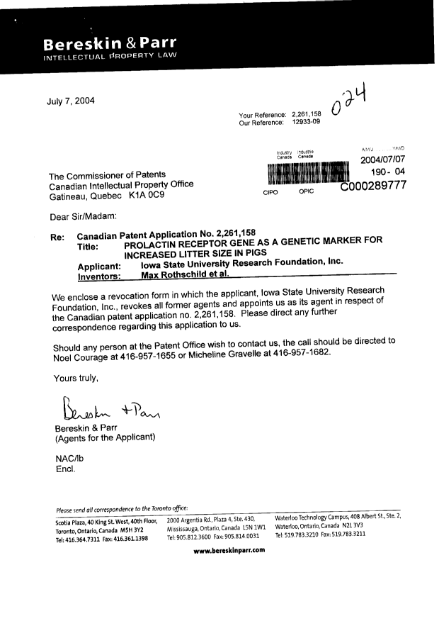 Document de brevet canadien 2261158. Correspondance 20040707. Image 1 de 2