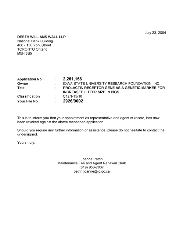 Document de brevet canadien 2261158. Correspondance 20040723. Image 1 de 1