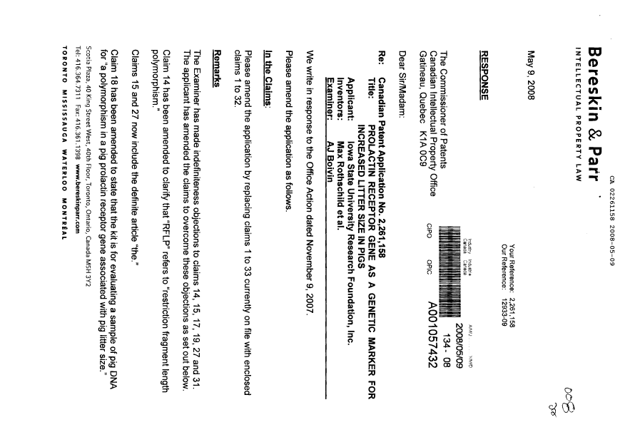 Canadian Patent Document 2261158. Prosecution-Amendment 20080509. Image 1 of 8