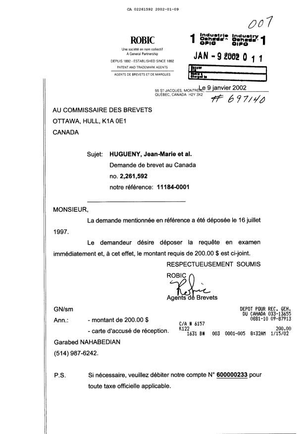 Canadian Patent Document 2261592. Prosecution-Amendment 20011209. Image 1 of 1