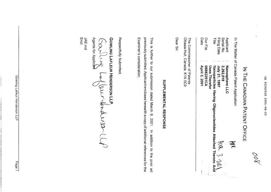 Canadian Patent Document 2262018. Prosecution-Amendment 20010403. Image 1 of 1