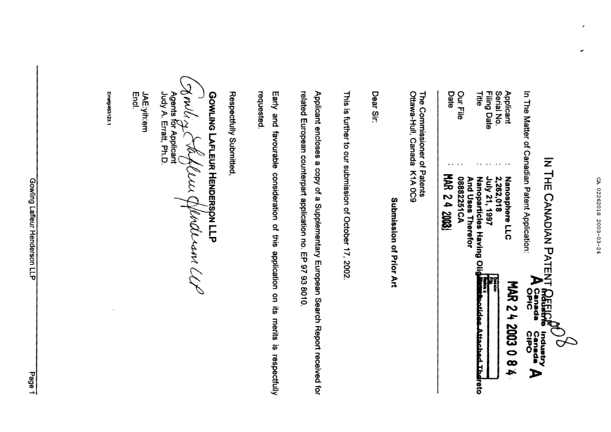 Canadian Patent Document 2262018. Prosecution-Amendment 20030324. Image 1 of 1