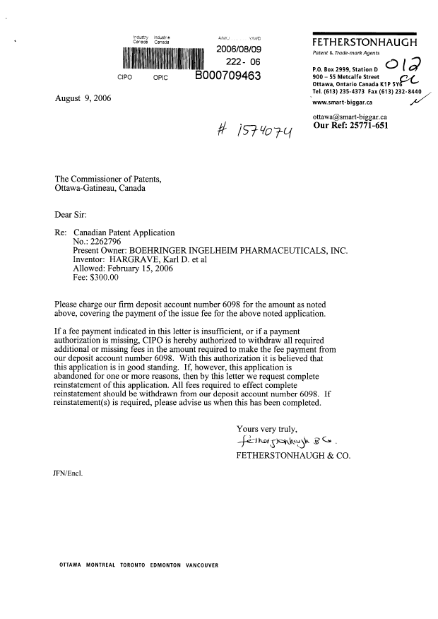 Document de brevet canadien 2262796. Correspondance 20060809. Image 1 de 1