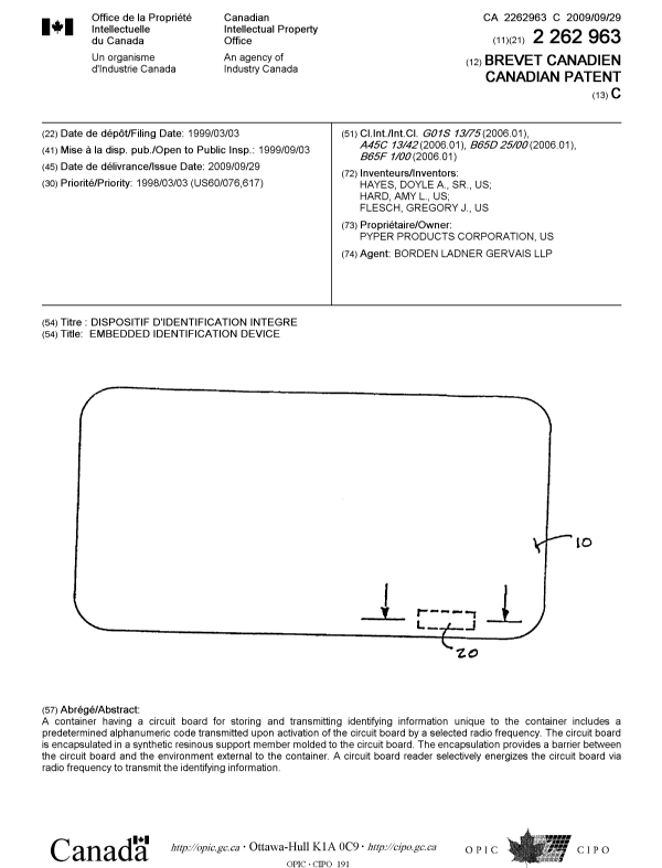 Canadian Patent Document 2262963. Cover Page 20090901. Image 1 of 1