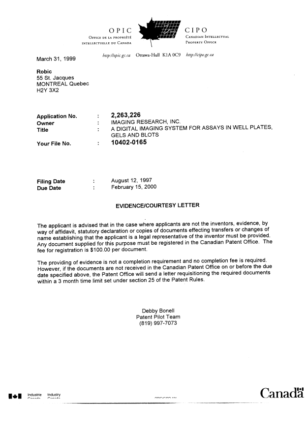 Canadian Patent Document 2263226. Correspondence 19990331. Image 1 of 1