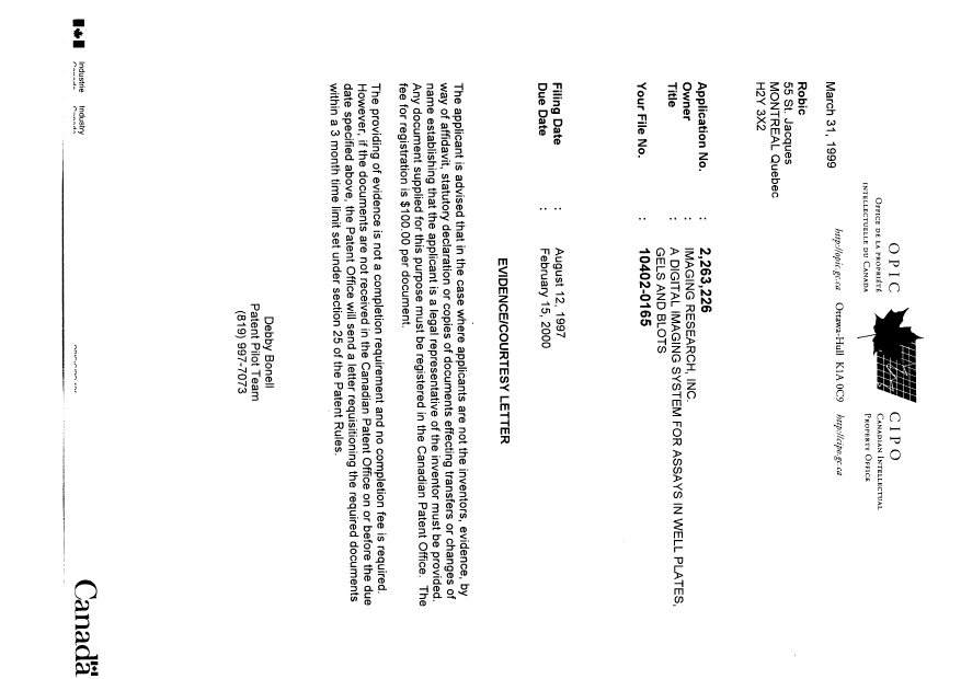 Canadian Patent Document 2263226. Correspondence 19990331. Image 1 of 1