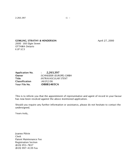 Document de brevet canadien 2263397. Correspondance 20000427. Image 1 de 2