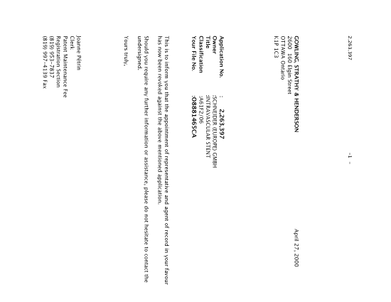 Canadian Patent Document 2263397. Correspondence 20000427. Image 1 of 2