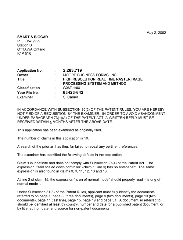 Canadian Patent Document 2263719. Prosecution-Amendment 20020502. Image 1 of 2