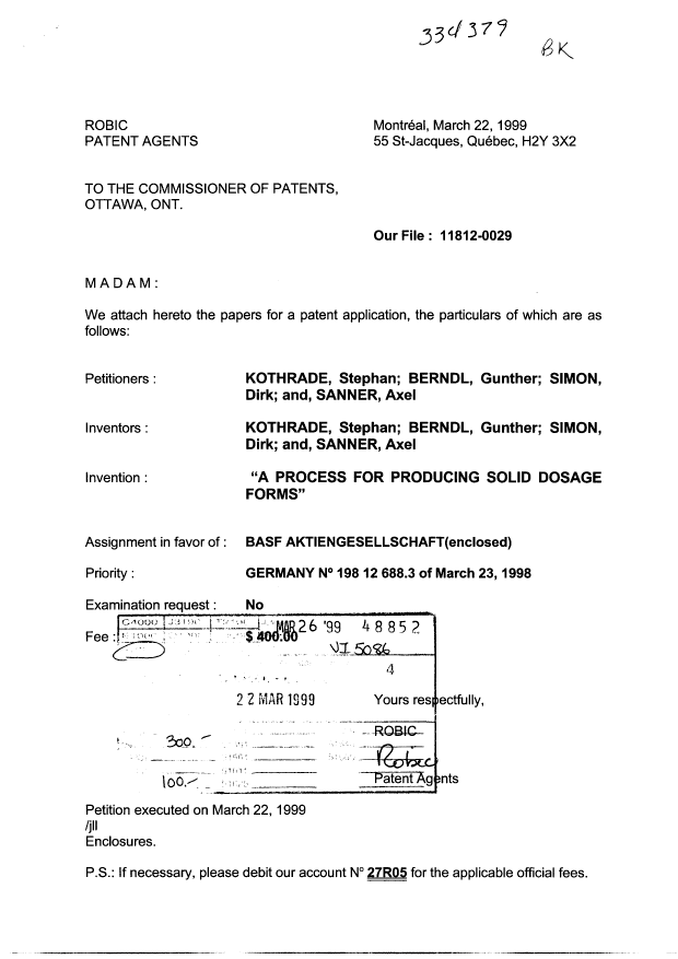 Document de brevet canadien 2264287. Cession 19990322. Image 1 de 4