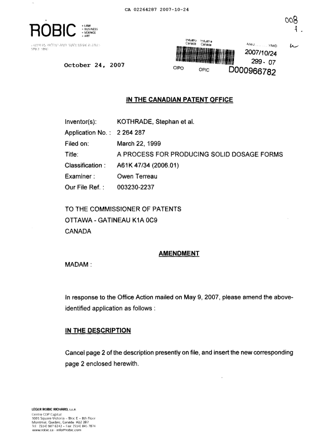 Document de brevet canadien 2264287. Poursuite-Amendment 20071024. Image 1 de 7