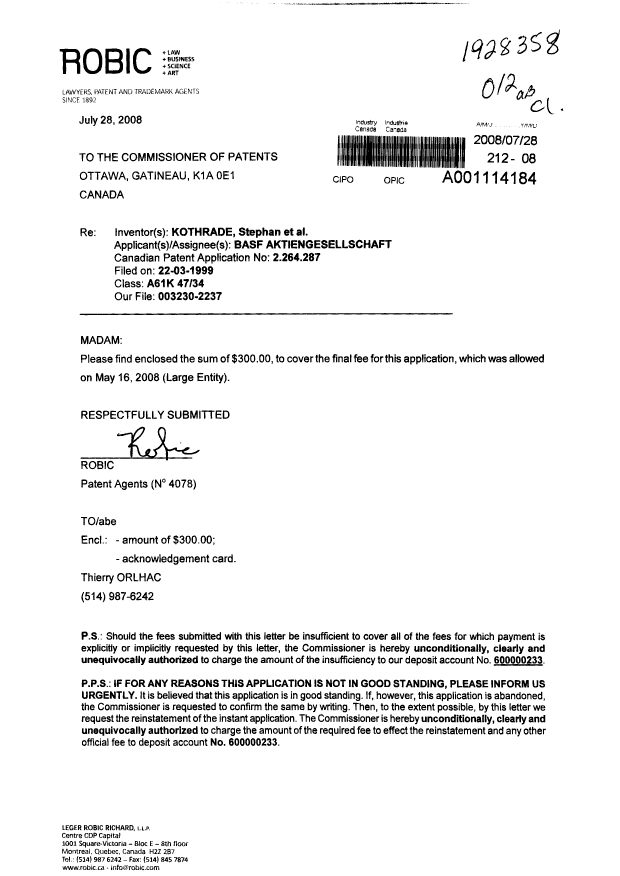 Document de brevet canadien 2264287. Correspondance 20080728. Image 1 de 1