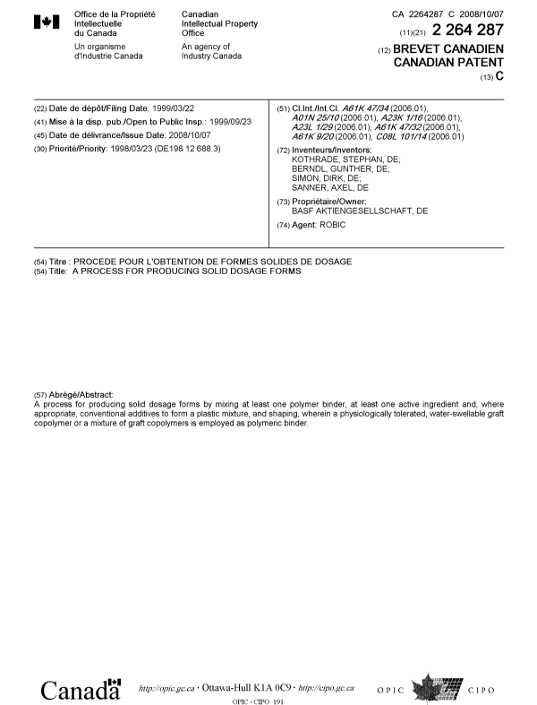 Document de brevet canadien 2264287. Page couverture 20080918. Image 1 de 1