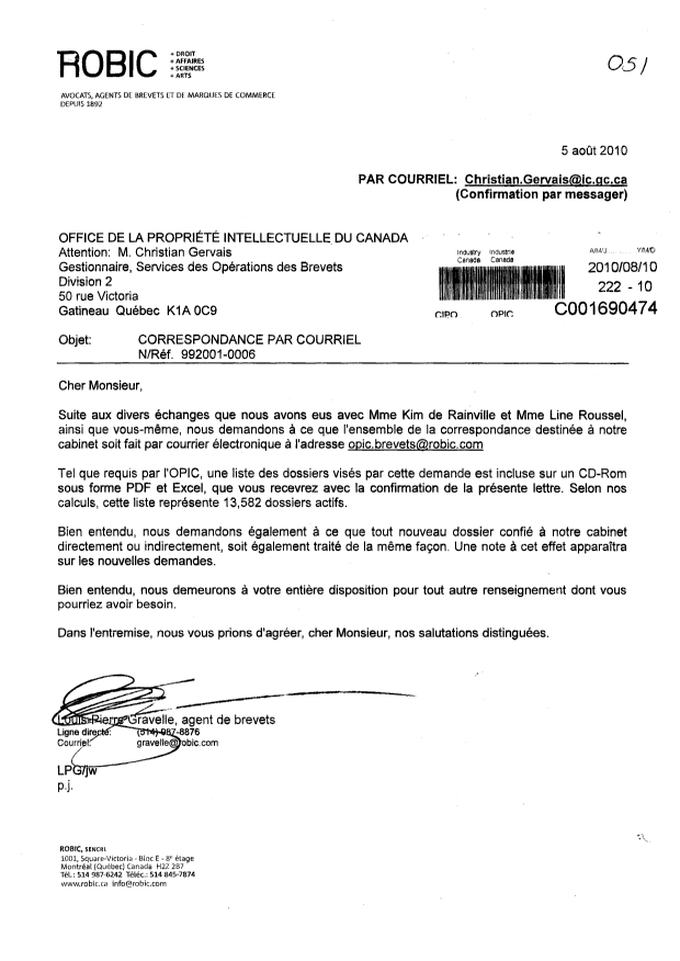 Document de brevet canadien 2264287. Correspondance 20100810. Image 1 de 1