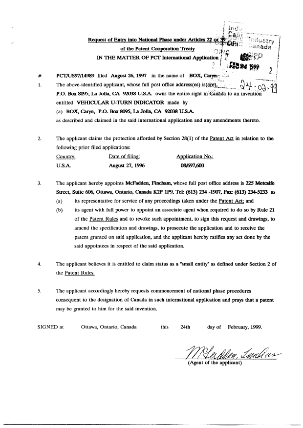 Document de brevet canadien 2264312. Cession 19990224. Image 2 de 2