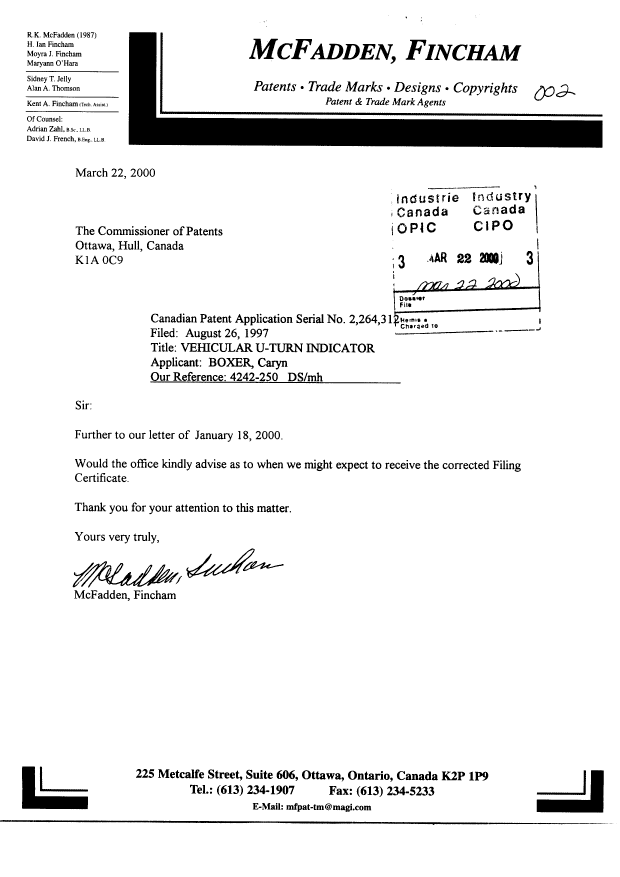 Canadian Patent Document 2264312. Correspondence 20000322. Image 1 of 1