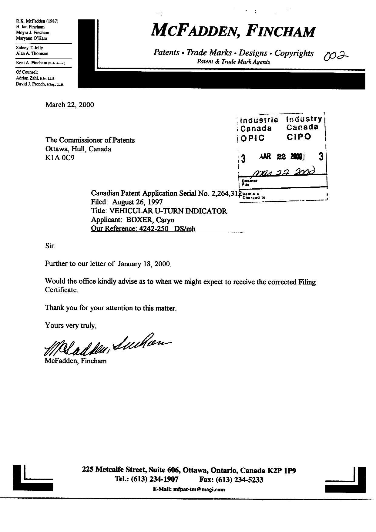 Canadian Patent Document 2264312. Correspondence 20000322. Image 1 of 1