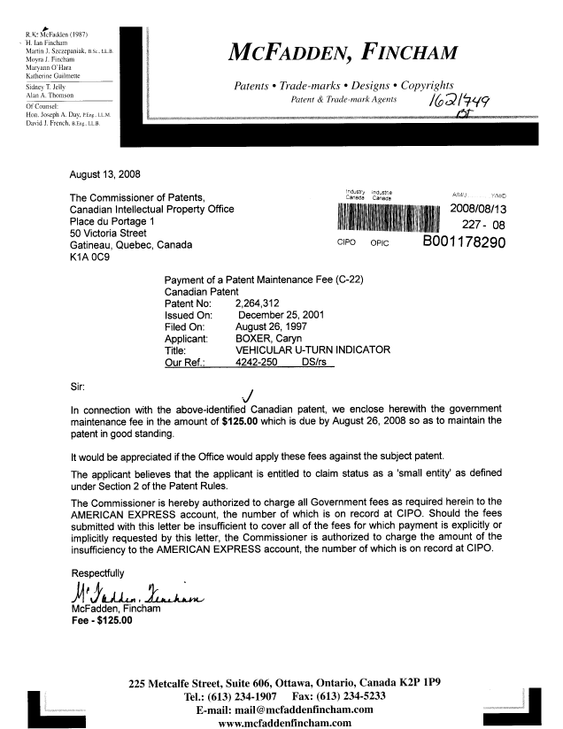 Canadian Patent Document 2264312. Fees 20080813. Image 1 of 1