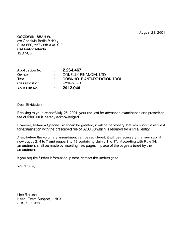 Canadian Patent Document 2264467. Correspondence 20001221. Image 1 of 1