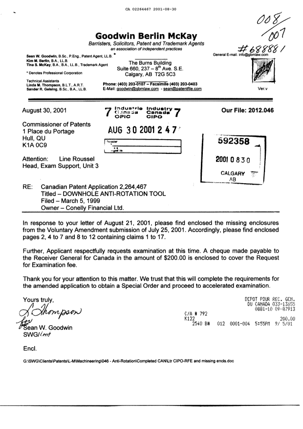 Canadian Patent Document 2264467. Prosecution-Amendment 20001230. Image 1 of 11