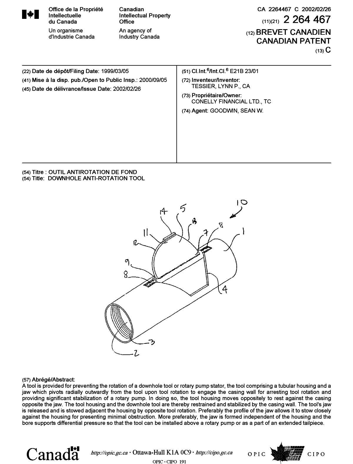 Canadian Patent Document 2264467. Cover Page 20011224. Image 1 of 1