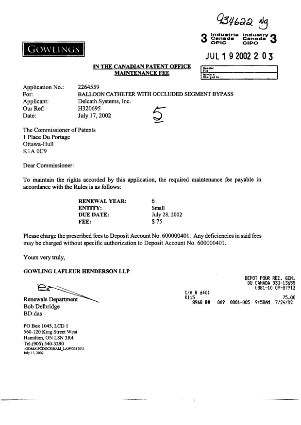 Document de brevet canadien 2264559. Taxes 20020719. Image 1 de 1