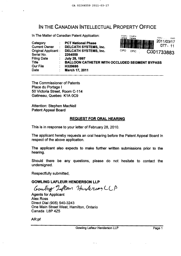 Document de brevet canadien 2264559. Correspondance 20110317. Image 1 de 1