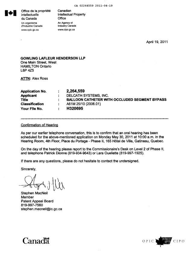 Document de brevet canadien 2264559. Correspondance 20110419. Image 1 de 1