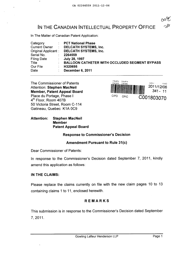 Canadian Patent Document 2264559. Prosecution-Amendment 20111206. Image 1 of 7