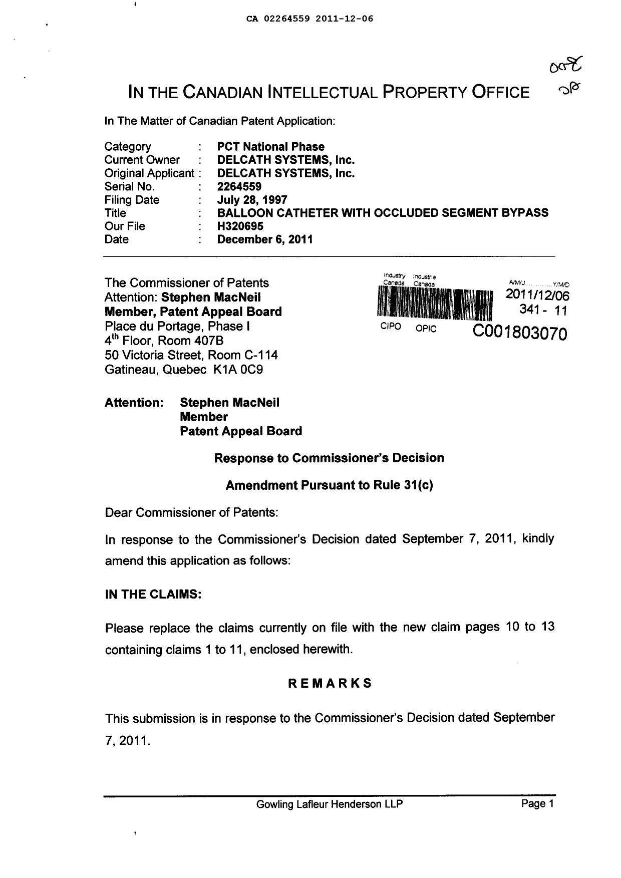Canadian Patent Document 2264559. Prosecution-Amendment 20111206. Image 1 of 7