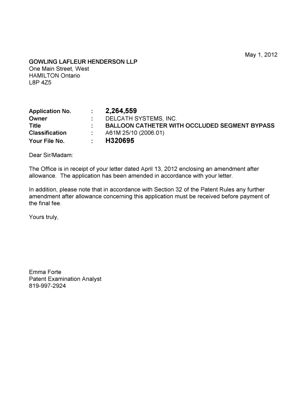 Canadian Patent Document 2264559. Prosecution-Amendment 20120501. Image 1 of 1